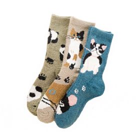 3 Pairs Cute Animal Pattern Cozy Warm Plush Slipper Socks for Womens Indoor Outdoor