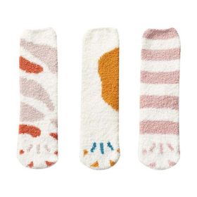 3 Pairs Cute Cat Paws Coral Velvet Socks Women Cat Spotted Stripped Winter Socks Plush Warm Sleep Socks Home Floor Socks