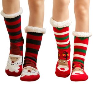 2 Pairs Thicken Christmas Stripes Knit Cozy Fuzzy Slipper Socks With Non-slip Grippers Santa and Elk