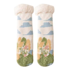 1 Pair Green White Winter Thick Plush Socks Women Warm Indoor Floor Socks Cute Home Sleeping Socks